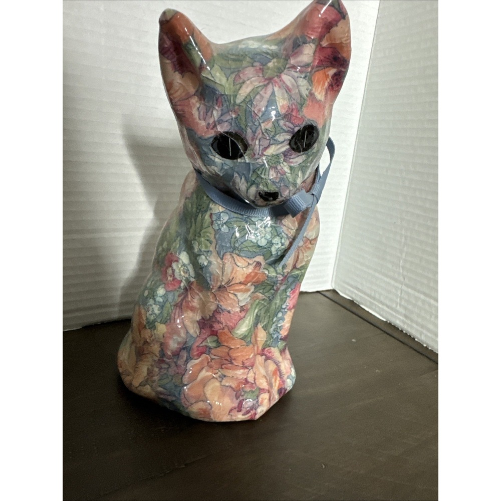 Vintage Floral Blue & Pink Decoupage Cat Figurine Sculpture 8"